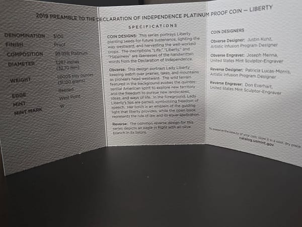 2019 Preamble To The Declaration Of Independence Platinum Proof Coin Liberty - Image 4