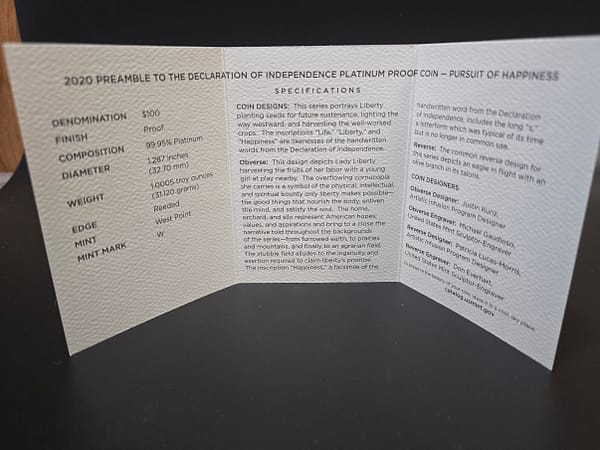 2020 Preamble To The Declaration Of Independence Platinum Proof Coin Pursuit Of Happiness - Image 3