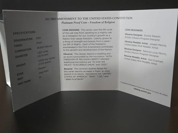 2021 First Amendment To The United States Constitution Platinum Proof Coin Freedom Of Religion - Image 5