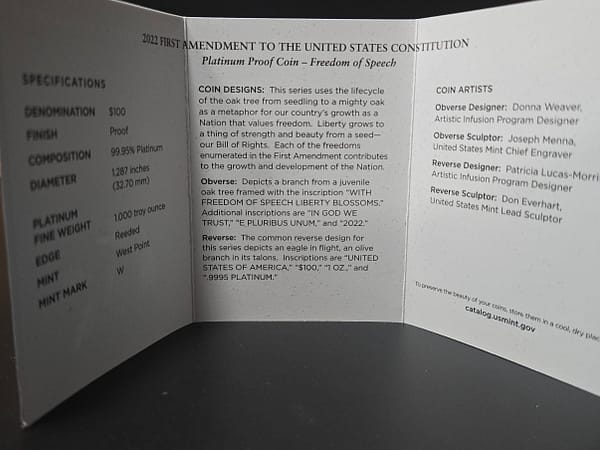 2022 First Amendment To The United States Constitution Platinum Proof Coin Freedom Of Speech - Image 5