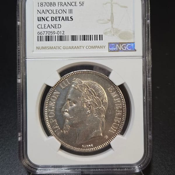 1870BB 5 Franc Napoleon III NGC UNC Details