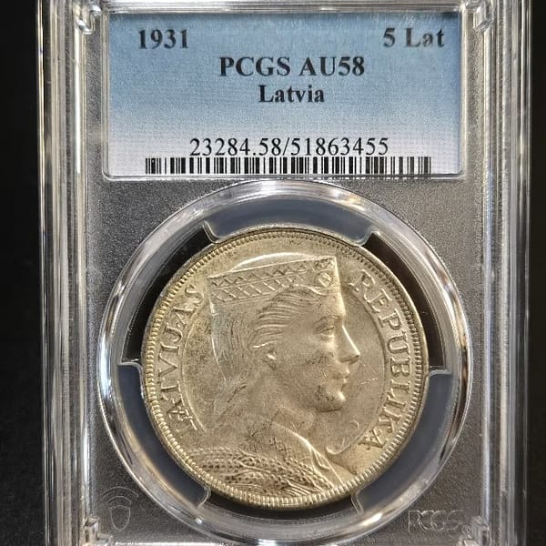1931 PCGS AU58 Latvia 5 Lat