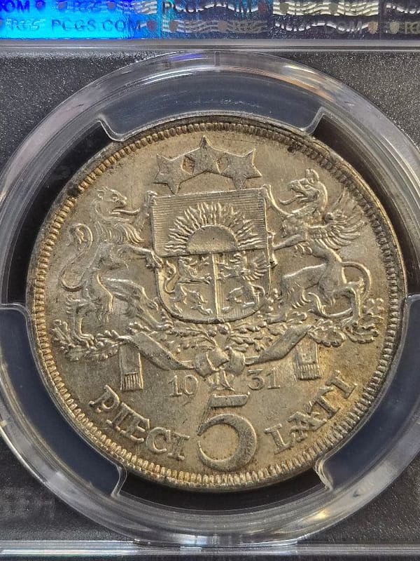 1931 PCGS AU58 Latvia 5 Lat - Image 2