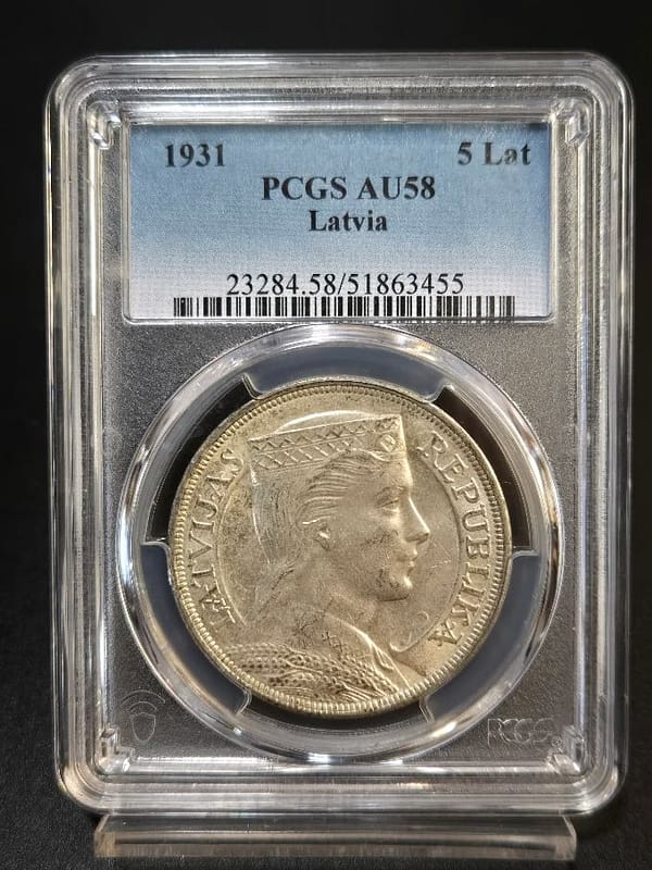 1931 PCGS AU58 Latvia 5 Lat